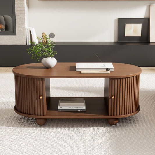 MOCHIKA Nordic Oak Sliding-Door Oval Coffee Table