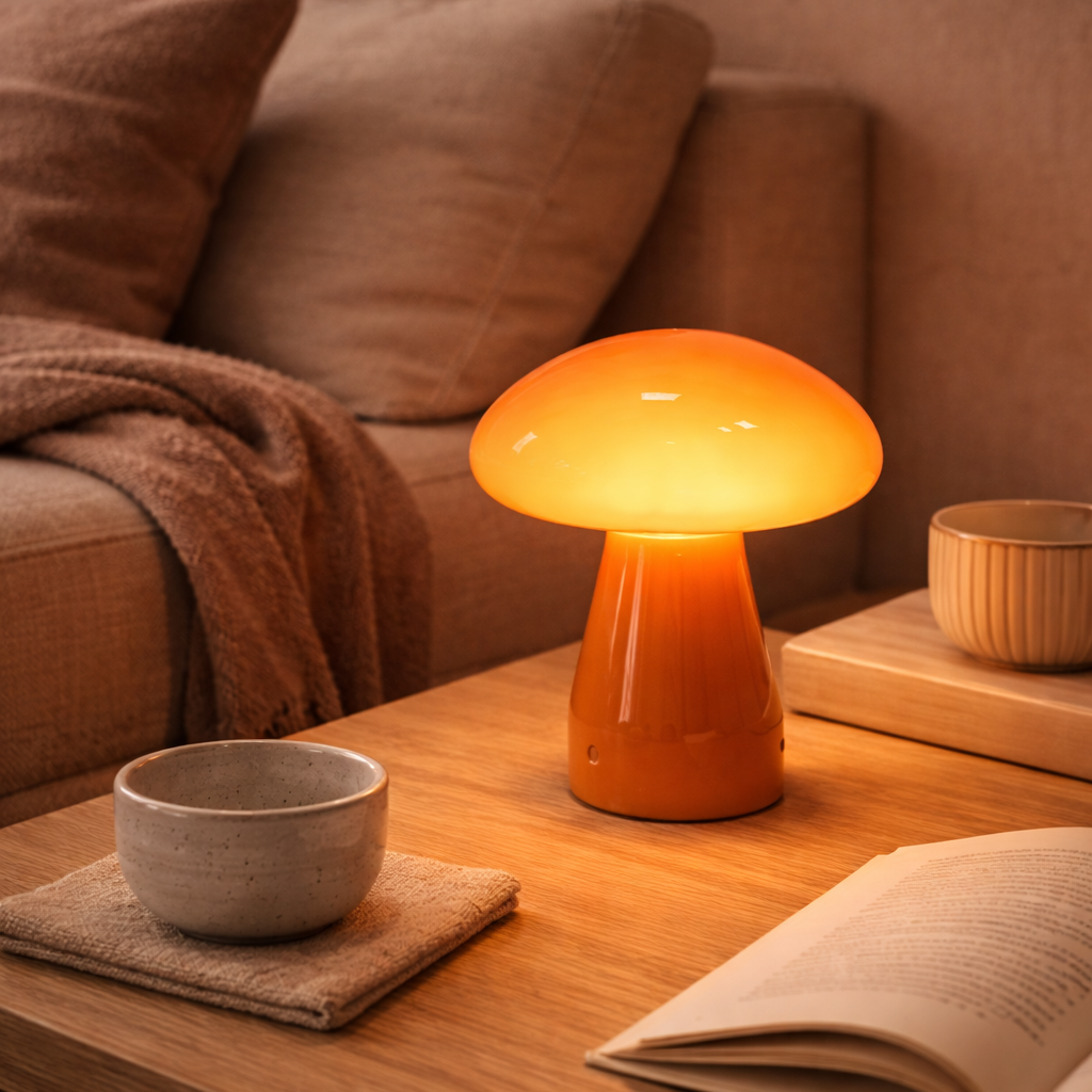 Orange mushroom lamp on a wooden table with a cozy living room setting.