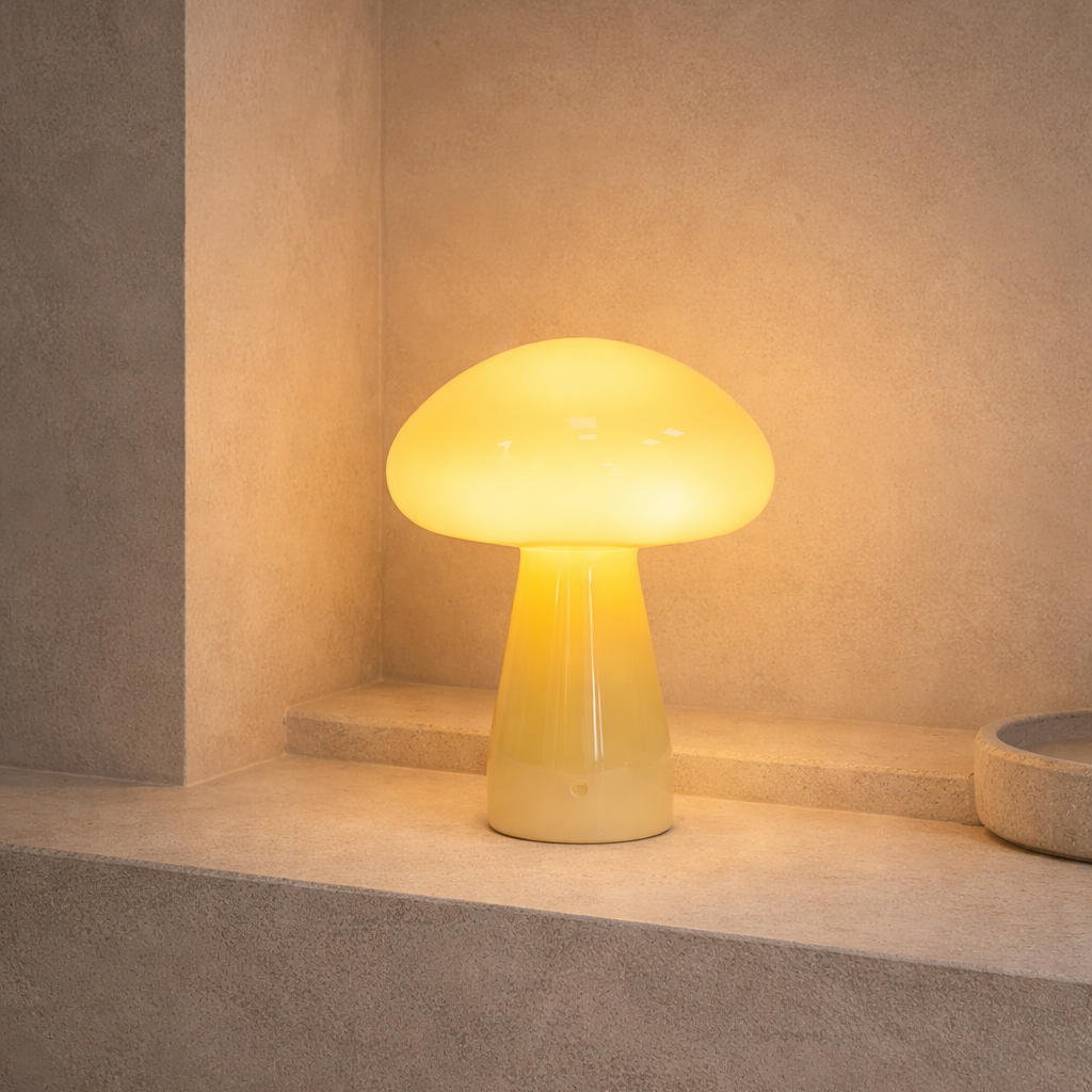Yellow mushroom-shaped lamp on a concrete surface with a neutral background