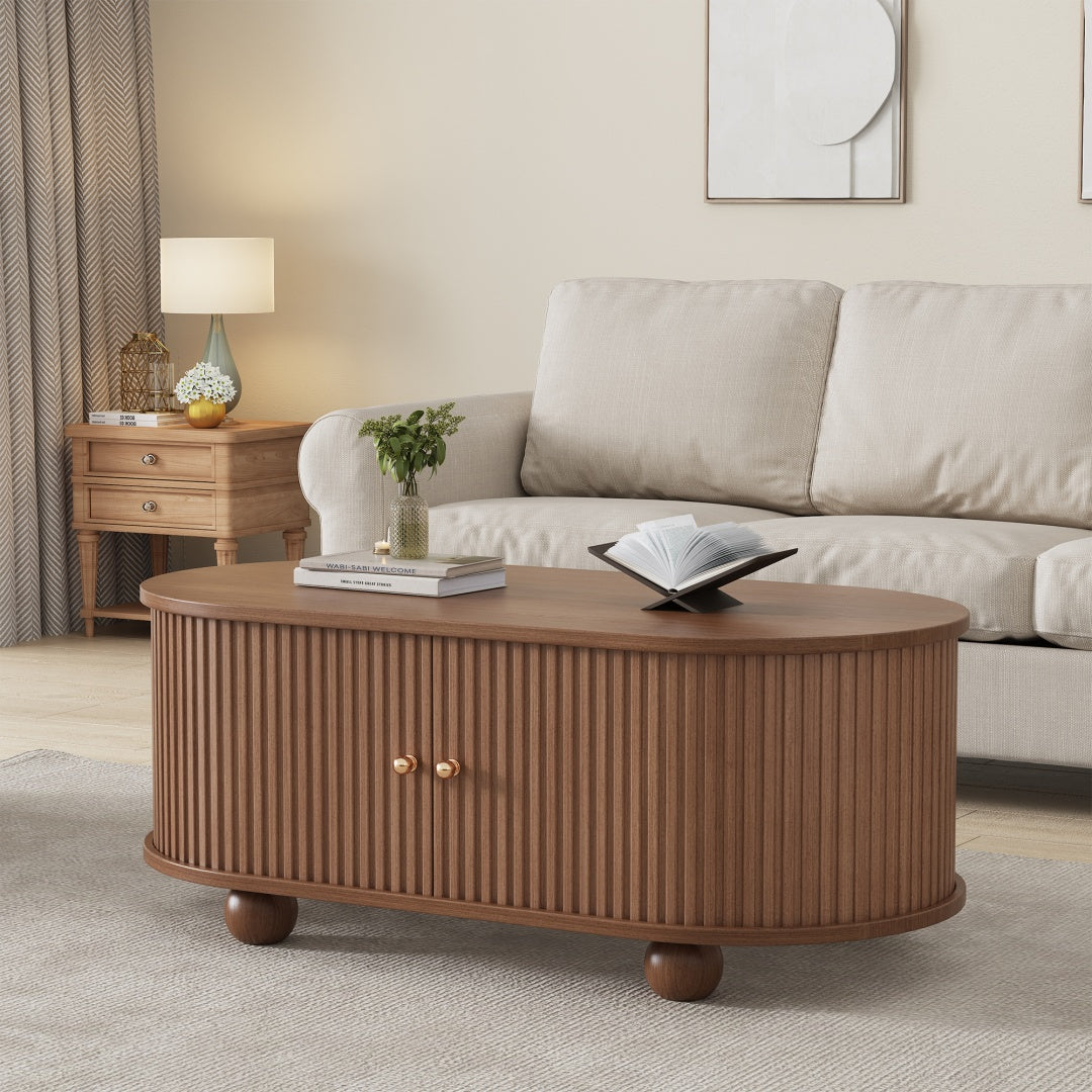 MOCHIKA Nordic Oak Sliding-Door Oval Coffee Table